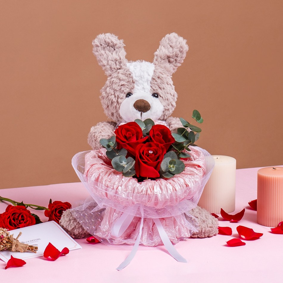 Whisk them away to a world of whimsy with the Avery Pink Rose Bouquet & Plushie Gift Set. A magical blend of avalanche roses, lilac whispers, and champagne sprays, it's a love song in bloom. Nestled alongside a teddy bear, Avery's perfect for moments that call for romance with a dash of joy.