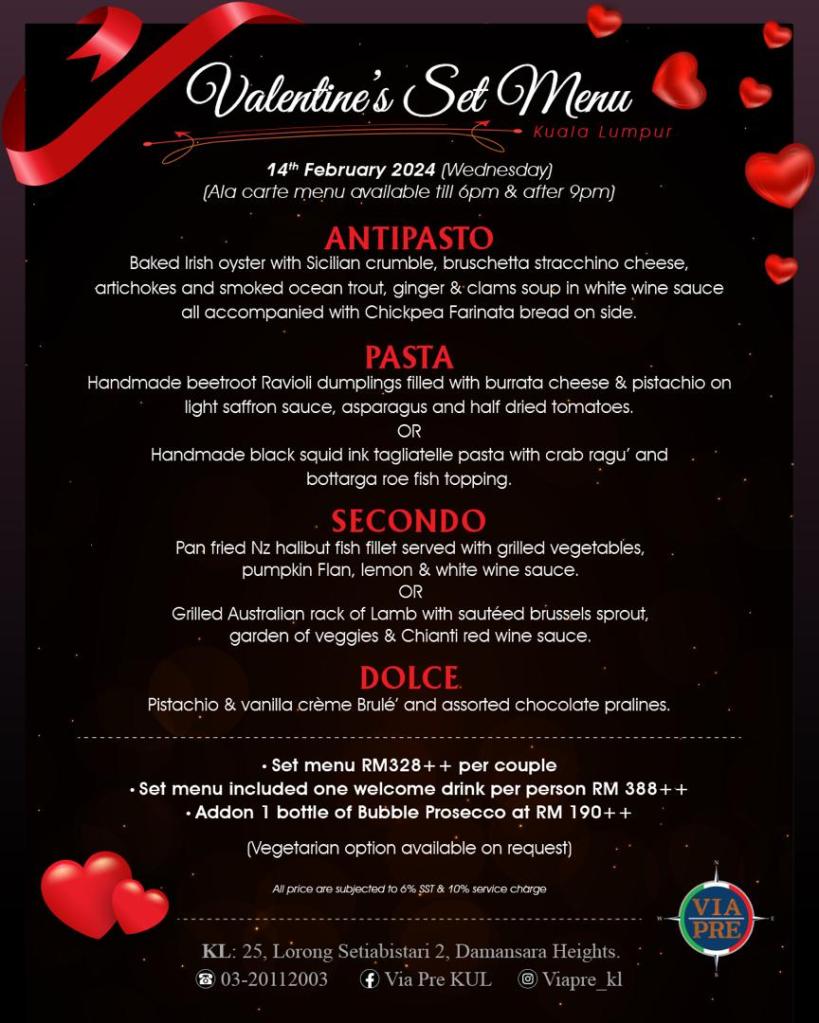 Valentine's Day menu at Via Pre Kuala Lumpur